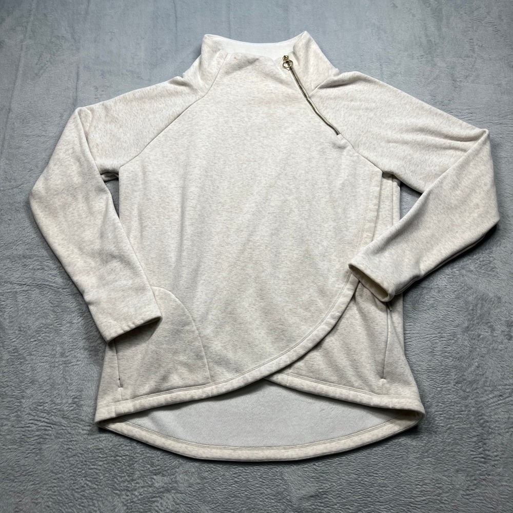 Athleta Cozy Karma Asym High-Low Hem Zip Sweatshirt Women Oatmeal Fleece L